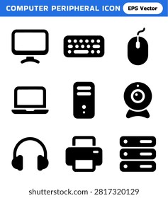 A collection of simple, solid black icons representing various computer peripherals, including a monitor, keyboard, mouse, laptop, computer tower, webcam, headphones, printer, and server stack.