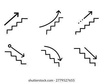 Collection of simple staircase graphics illustrating growth upward momentum and downward trends. Ideal for business concepts.
