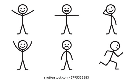 A collection of simple stick figure icons depicting various poses and emotions, including happy, sad, waving, and running, isolated on white background.