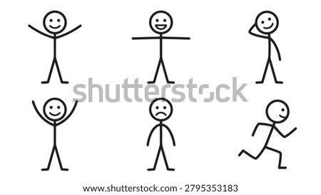 A collection of simple stick figure icons depicting various poses and emotions, including happy, sad, waving, and running, isolated on white background.