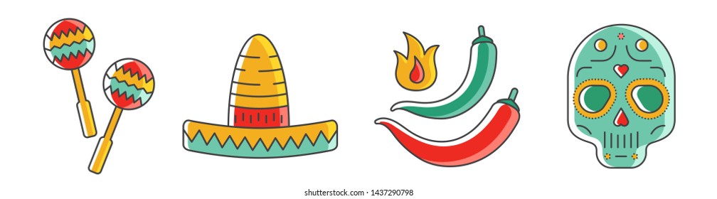 Collection of simple style vector linear illustrations of mexican traditional food and symbols of culture. Mexico illustrated as colorful icons of mexican food, music and clothes, good for stickers