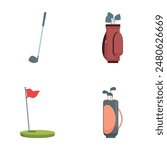 Collection of simple and stylish golf equipment icons set in flat design, perfect for illustrating a professional golfer's gear and accessories