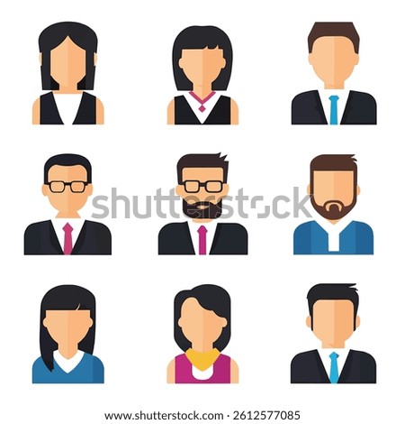 A collection of simple, stylized, flat-icon representations of businesspeople, showcasing various genders and characteristics.