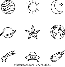 Eine Sammlung von einfachen und stilisierten Ikonen, die verschiedene Himmelskörper und Objekte im Sonnensystem darstellen.