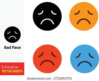 Collection of Simple Stylized Sad Face Emoticons in Various Colors and Sizes Expressing Negative Emotions Vector Illustration

This professional image showcases a comprehensive collection of stylized sad face icons, presented in a clean and minimalist graphic style. Each circular emoticon is designed with essential facial features—downward-angled eyes and a downturned mouth—to universally convey feelings of sadness, disappointment, or distress. The set includes a variety of sizes and a vibrant color palette, featuring black, orange, coral-red, and light blue backgrounds. Isolated on a bright white background, these high-quality icons are perfect for digital interfaces, social media reactions, customer feedback surveys, and mental health infographics. As editable vector assets, they offer designers a versatile and easily recognizable visual language for expressing negative emotions or dissatisfaction in any modern design project.

Key Features include
Universal Emotional Expression Features a minimalist design that is instantly recognizable as a symbol of sadness or unhappiness across different cultures.

Vibrant Color Variations Includes a range of colors like blue, red, and orange, allowing for color-coded feedback or thematic consistency in designs.

Minimalist Graphic Aesthetic Uses simple bold lines and solid fills to ensure clarity even at small scales, ideal for mobile apps and web UI.

Professional Vector Quality Provided as fully scalable and editable vector files, allowing for effortless customization of colors and sizes without losing professional detail.
