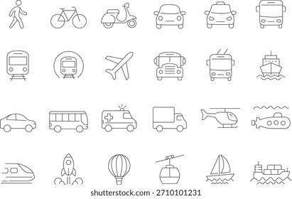 Una colección de íconos de transporte simples, que probablemente incluyen automóviles, trenes, aviones y otros vehículos, en una variedad de colores.