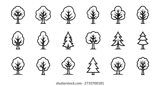 Sammlung von einfachen Baum-Icons in schwarz-weißem Umriss Stil