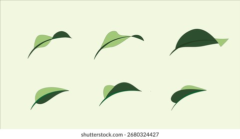Collection of simple, two-tone green stylized leaf illustrations with flat design, perfect for nature or organic themes.
