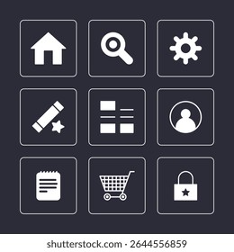 Collection of Simple UI Icons for Web and Mobile Applications. Set of Interface Icons Home, Search, Settings, Edit, Menu, User, Notes, Cart, Lock