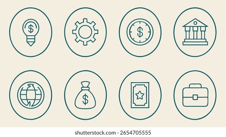 Colección de íconos únicos del arte de la línea de la idea del dinero que representan conceptos empresariales y financieros