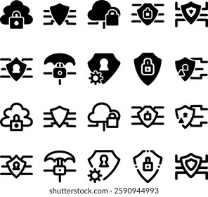 A collection of simple vector cybersecurity icons representing data protection, firewall, encryption, secure login, antivirus, phishing prevention, and online privacy.