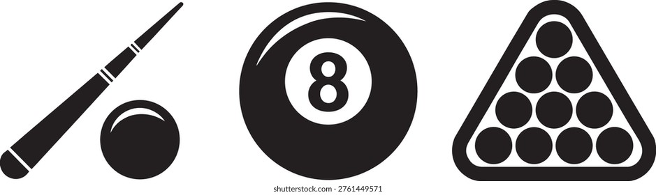 Collection of simple vector graphics depicting essential billiard game equipment. Includes a cue stick, a numbered ball, and a rack of balls arranged in a tria.