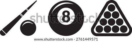 Collection of simple vector graphics depicting essential billiard game equipment. Includes a cue stick, a numbered ball, and a rack of balls arranged in a tria.