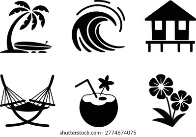 A collection of simple vector icons depicting a palm tree, ocean wave, beach bungalow, hammock, coconut drink, and exotic flower symbols.