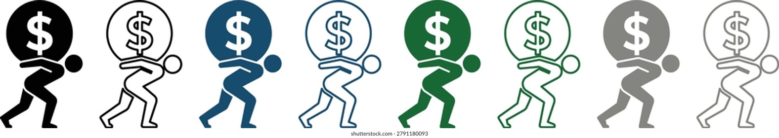 A collection of simple vector icons depicting a person struggling to carry a large heavy money bag with a dollar sign on their back, representing financial burden, debt, investment, or hard work.