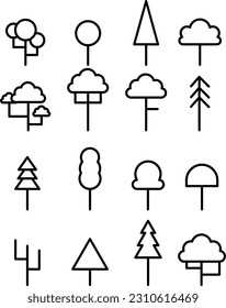 Collection of simple vector icons of different types of geometric trees and bushes.