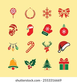 A Collection of Simple Vector Icons Featuring Santa and Christmas Themes - Flat, Minimalist Illustrations.