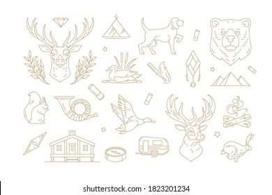 Collection of simple vector illustrations of different outline logos and emblems with various animals and hunting elements isolated on white background