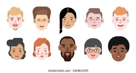 Collection of simple vector illustrations of multiracial and multicultural face avatars. People of different race and nationlities illustrated as characters