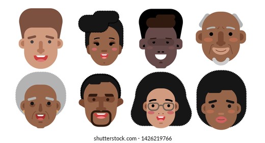 Collection of simple vector illustrations of multiracial and multicultural face avatars. People of different race and nationlities illustrated as characters