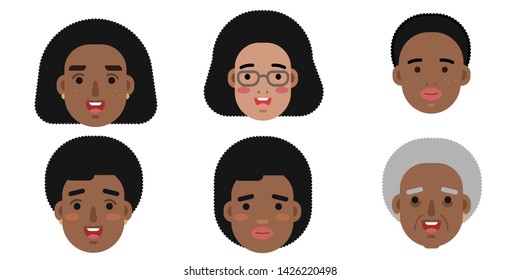 Collection of simple vector illustrations of multiracial and multicultural face avatars. People of different race and nationlities illustrated as characters