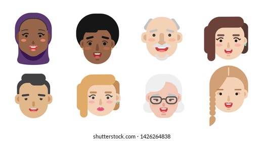 Collection of simple vector illustrations of multiracial and multicultural face avatars. People of different race and nationlities illustrated as characters