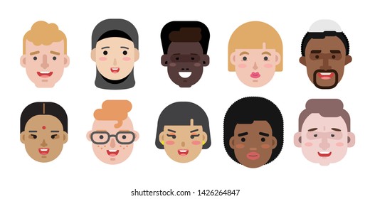 Collection of simple vector illustrations of multiracial and multicultural face avatars. People of different race and nationlities illustrated as characters