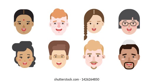 Collection of simple vector illustrations of multiracial and multicultural face avatars. People of different race and nationlities illustrated as characters