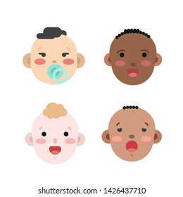 Collection of simple vector illustrations of newborn babies faces of different race and skin color. Baby emoticons illustrated as flat style icons isolated on white