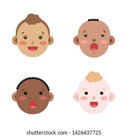 Collection of simple vector illustrations of newborn babies faces of different race and skin color. Baby emoticons illustrated as flat style icons isolated on white