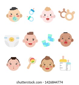 Collection of simple vector illustrations of newborn babies faces of different race and skin color. Baby accessories illustrated as flat style icons isolated on white