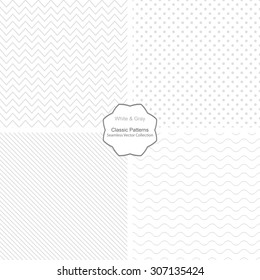 Collection Of Simple Vector Patterns. Seamless Patterns In White And Grey Colors.