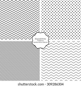 Collection of simple vector patterns. Seamless black and white textures.