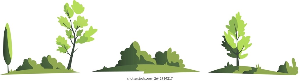 Collection of simple watercolor-style green trees and shrubs illustrated in minimalist style, ideal for landscape architecture plans, maps or garden designs