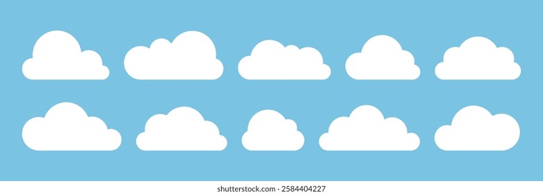 Collection of simple white cloud icons on blue background. Minimalist flat clouds in various shapes and sizes. Perfect for weather apps, sky themed designs, children illustrations, digital graphic