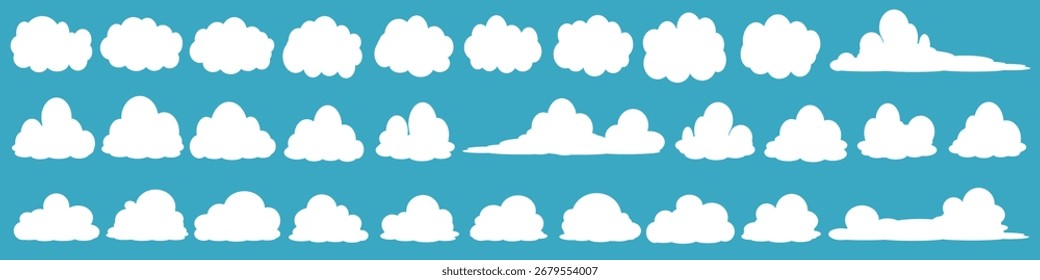 Eine Sammlung von einfachen weißen Wolken-Symbolen. Ein Vektorsatz von niedlichen Cartoon weißen Wolken auf blauem Hintergrund. Wolke, Luft, bewölkt, Wetter und Himmelssymbole.