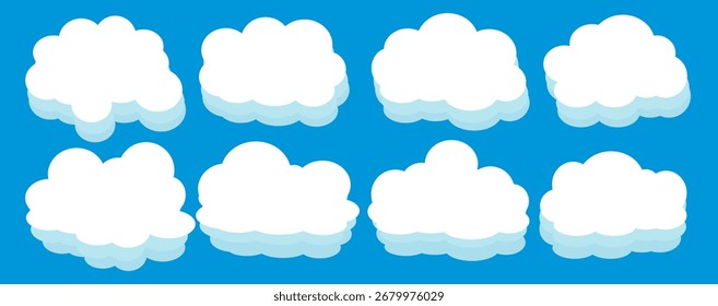 Una colección de simples íconos de nube blanca. Un conjunto de Vector de nubes blancas lindas de la historieta en un fondo azul. Nube, aire, nublado, Clima y cielo.
