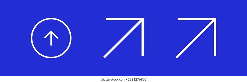 Coleção de símbolos de IU com contorno branco simples em fundo azul, incluindo seta para cima fechada em círculo para rolar para o topo e várias setas apontadoras diagonais para elementos de link de navegação externa.