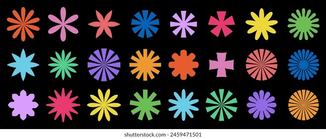 A collection of simple yet striking starburst shapes in a spectrum of bold colors against a pure black backdrop, perfect for vibrant designs.