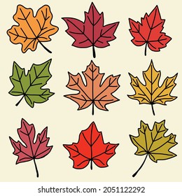Colección de sencillez de diseño plano de hojas de arce a mano alzada. Ilustración vectorial.