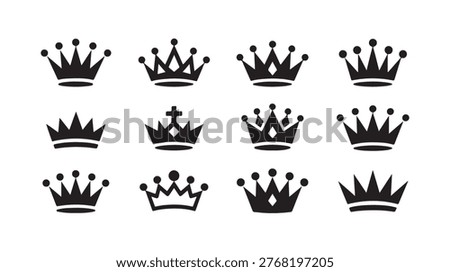 Collection of simplified crown designs with minimal details, representing monarchy, status, and excellence.