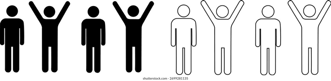 A collection of simplified human figure icons, presented in both solid black and outline styles, with some figures depicted with arms raised, isolated on a white background.