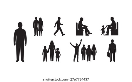 Collection of simplified human figures in motion and repose suitable for graphic design and conceptual illustrations.