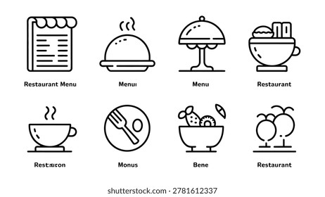 Collection of simplified linear icons representing restaurant dining experiences including menus food and drinks