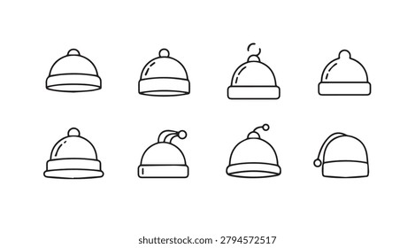 Collection of simplified winter hats with pom-poms and slouchy silhouettes ideal for cold weather graphics and apparel design.
