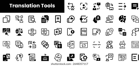A collection of simplistic black icons representing various translation tools, ideal for enhancing digital communication and multilingual software applications.