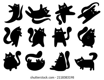 A collection of simplistic flat, minimal silhouette style black cat graphics in various poses.
