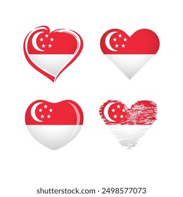 Collection of Singaporean hearts. I love Singapore, Welcome to Singapore creative icons. Tourist logo concept. Sport club branding template. Graphic clip art. Set of abstract elements. 3D design.