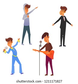 Collection of singers with microphones and musicians isolated on white background. Set of young men singing songs and playing guitar. Male cartoon characters. Vector illustration.