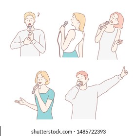 Collection of singers with microphones and musicians isolated on white background. Hand drawn style vector design illustrations.